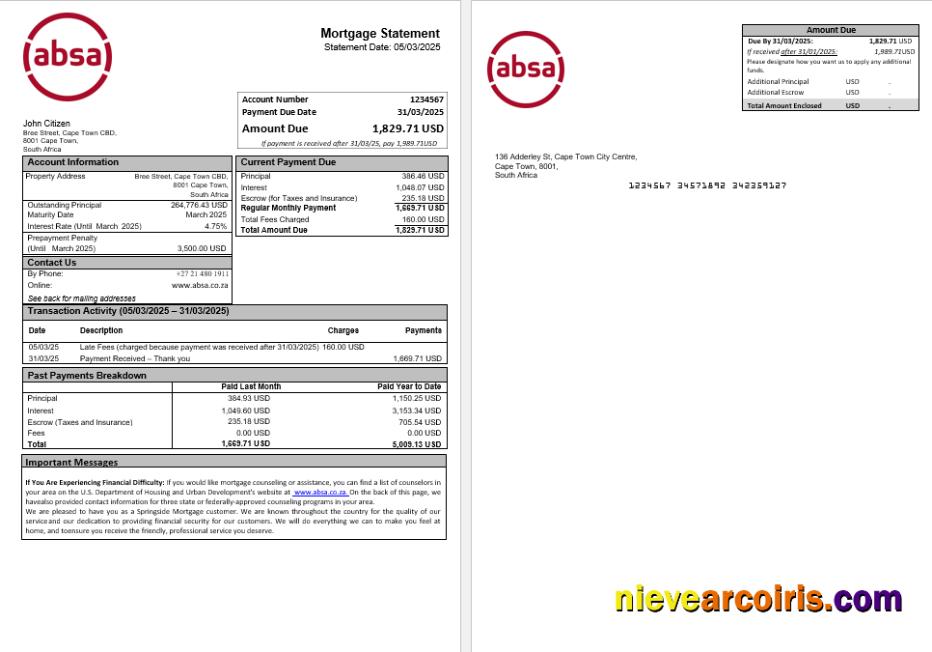 South Africa ABSA bank mortgage statement